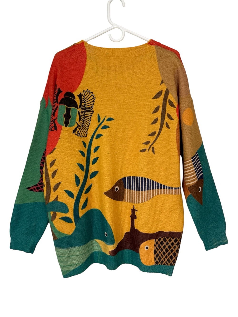 Mustard Yellow Artistic Nautical Fish Oversized Wool Blend Sweater - Picture 2 of 4